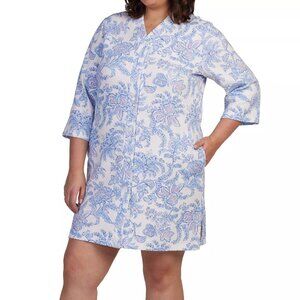 Miss Elaine Women's Plus Size Quilted Snap-Front Short Robe, Blue Floral, 3X
